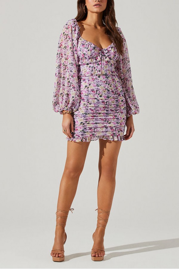 Ruched Skirt Print Dress