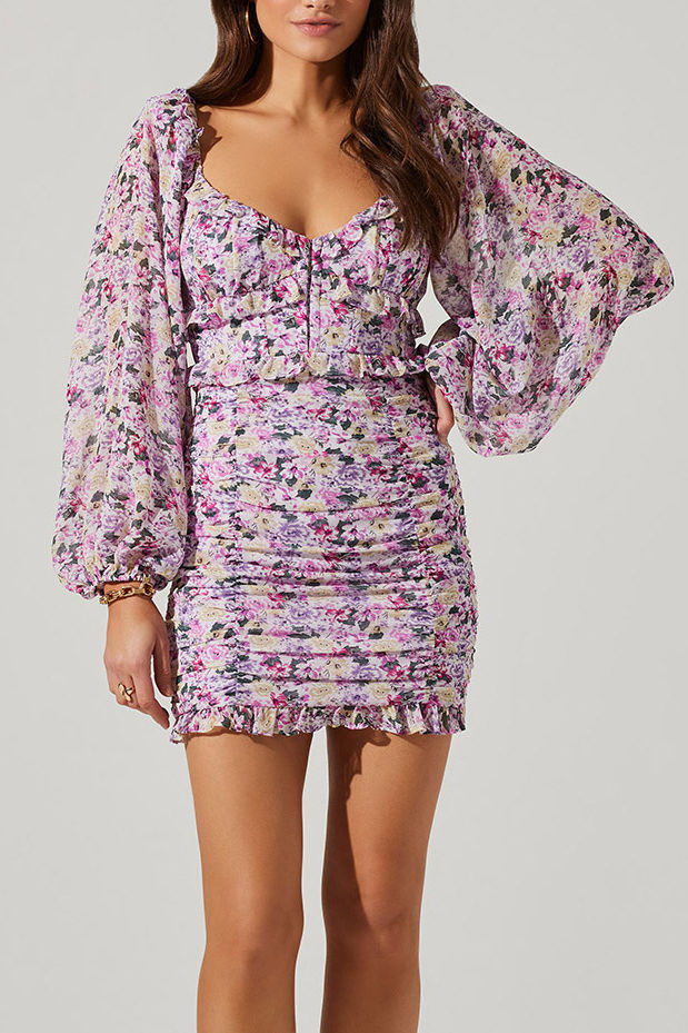 Ruched Skirt Print Dress