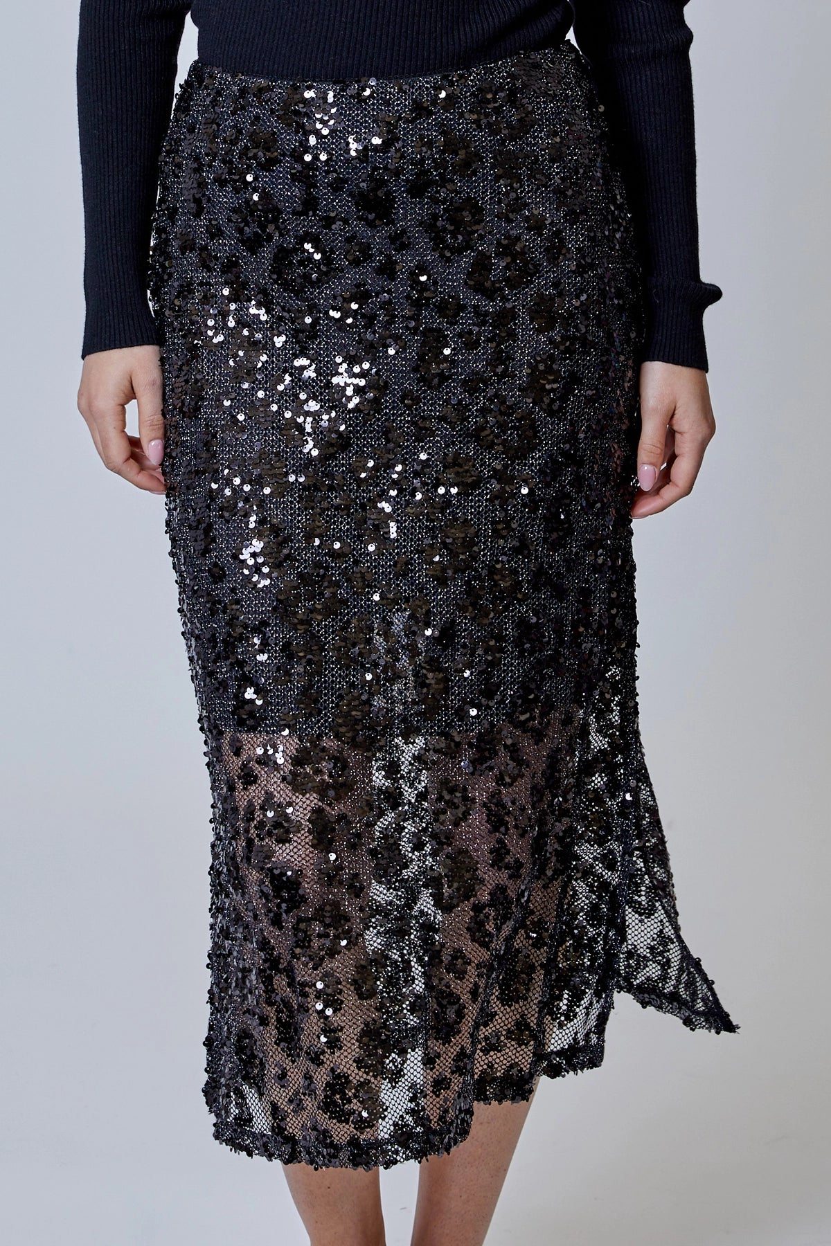 Sequin Leopard Midi Skirt