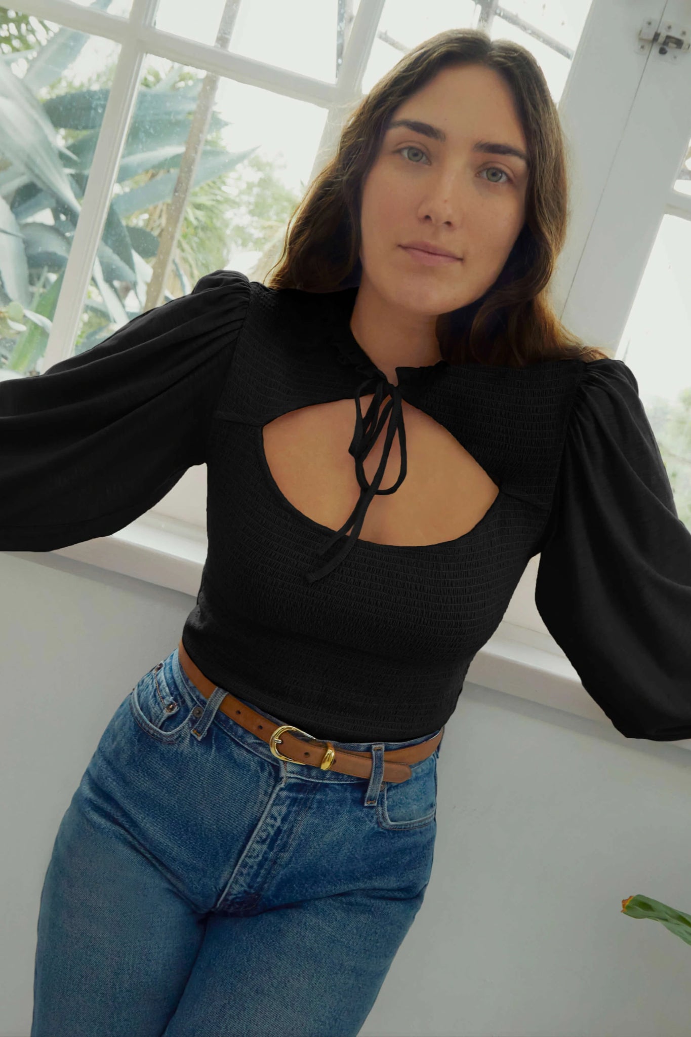 Abrielle Smocked Tie Top