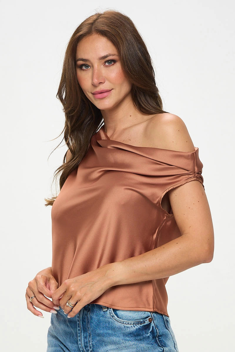 Dropped Shoulder Long Sleeve Satin Top